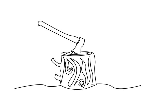 recommend clip art: Continuous line drawing of Tree stump with axe .axe is stuck at the stump. A hatchet stuck in the wood. wood devastation, and ecosystem destruction concept of Forest, camping, and hiking vector.