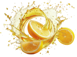 A refreshing splash of citrus juice with lemon slices.  A vibrant and juicy image perfect for promoting beverages or healthy living.