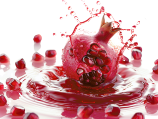 A vibrant pomegranate bursts open, splashing red juice and seeds in a dramatic display.