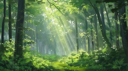Obraz premium tranquil morning ambiance in lush green forest sunlight filtering through trees digital painting