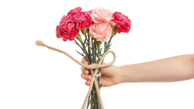 Beautiful blooming carnations tied by rope bow holding in woman's hand isolated on a transparent background