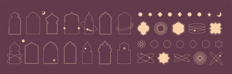 Islamic window frame shapes with star and moon elements illustrations collection. Arabian architecture geometric arch door silhouettes set. Ramadan Kareem mosque gates icons. Isolated