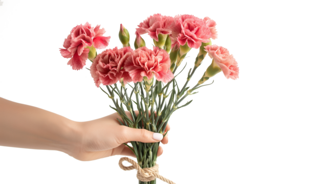 Beautiful blooming carnations tied by rope bow holding in woman's hand isolated on a transparent background