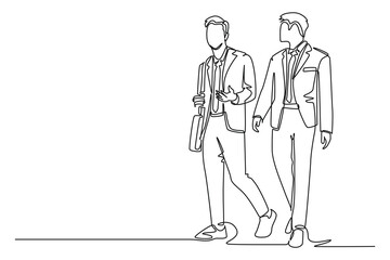 Fototapeta premium Continuous one line drawing two young success company manager take a walking and talking together after office hour. Business conversation concept. Single line draw design vector graphic illustration
