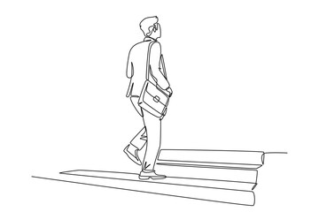 Continuous one line drawing back view of young male manager walking relax on city street to go to the office while holding document. Urban commuter worker. Single line draw design vector illustration