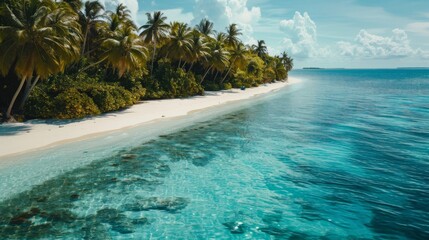 Crystal-clear turquoise waters lap white sandy shores,  framed by lush palm trees and coral reefs on a secluded tropical beach
