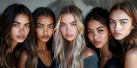 Obraz premium Captivating Fashion and Skincare Showcase by a Diverse Group of Beautiful Women. Concept Fashion Showcase, Skincare Products, Women Empowerment, Beauty Diversity, Captivating Portraits
