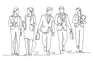 Single continuous line drawing of young male and female workers walking together neatly in a row in city street go to office. Urban commuter workers. One line draw graphic design vector illustration