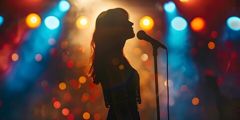 Elegant female singer silhouetted on stage performing under bright lights. Concept Elegant Performance, Female Singer, Silhouette, Stage Lights, Bright Performance