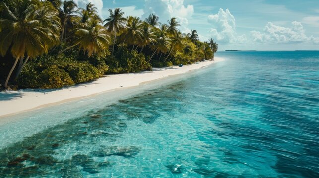 Crystal-clear turquoise waters lap white sandy shores,  framed by lush palm trees and coral reefs on a secluded tropical beach