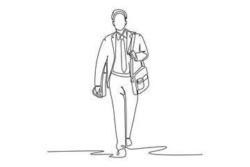 Continuous one line drawing young male manager walking in hurry at city street try not be late for work meeting at office. Urban commuter worker concept. Single line design vector graphic illustration