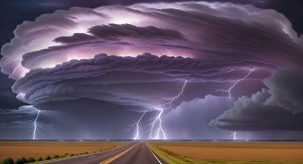 A Super Giant Supercell storm clouds with lightning and intense winds over road in plain rural area, dark lightnings

