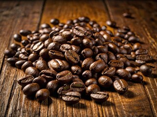 Fototapeta premium Granos de café tostado sobre mesa de madera rústica 