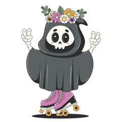 Roller skating Death character with a wreath on his head. Spooky Halloween illustration in trendy retro groovy style.