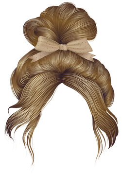 bun  hairs with beige bow  blond colors . women fashion beauty style . 
