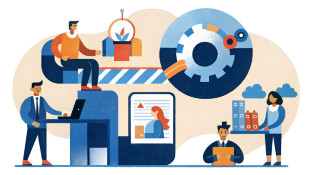A colorful illustration depicting the various elements of a modern workplace, including technology, teamwork, and communication