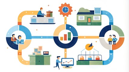 An illustration depicting the interconnectedness of modern business operations, showcasing various stages like production, marketing, sales, and customer service