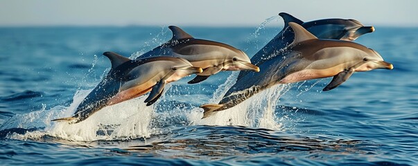 A pod of dolphins leaping out of the ocean, their bodies glistening in the air.