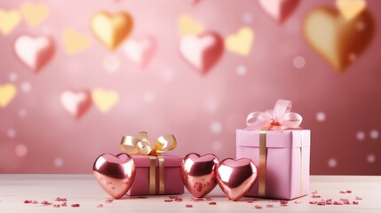 Pink and gold hearts foil balloons with gifts 