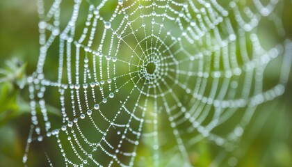 A minimalistic close-up of a delicate spider web adorned with morning dew drops, creating a sparkling effect.