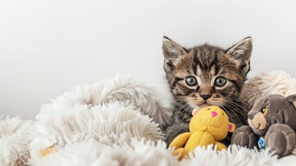 Kitten with wide eyes surrounded by soft toys and blankets, creating a cozy scene.