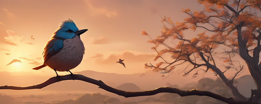 Comic bird on a tree branch with sunset in background. Extremely detailed high resolution manga illustration