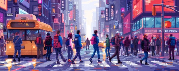 Fototapeta premium A pixel art rendition of a diverse group of friends walking down a busy city street, their pixelated forms bustling with energy.