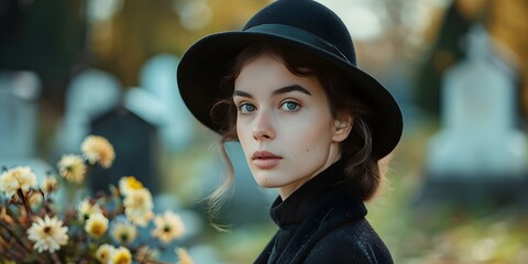 A portrait of a grieving young widow honoring her late spouse in a cemetery. Concept Loss and Grief, Widow Portrait, Memorial Tribute, Cemetery Photography, Emotional Connection