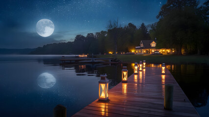 Serene Lakeside Setting under a Star-Filled  night sky cinematic scene, The calm water reflects the twinkling stars and the moon