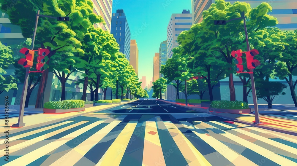 Wall mural vibrant city crosswalk with lush green trees and red traffic light colorful urban landscape digital illustration