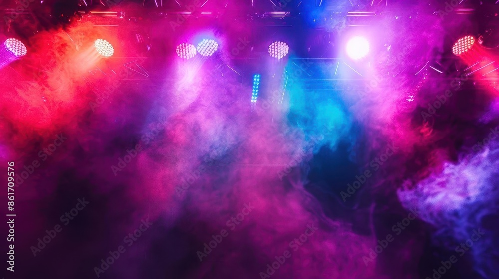 Wall mural vibrant colorful lights and smoke at music concert stage abstract photo