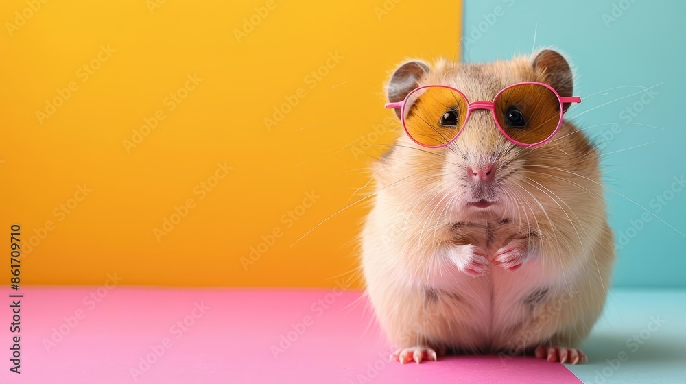 Wall mural image of stylish hamster in trendy sunglasses and outfit looking at camera against two colored backg