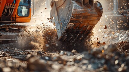 Close-up of an excavator bucket digging into dirt and rocks, showcasing heavy machinery in action at a construction site.