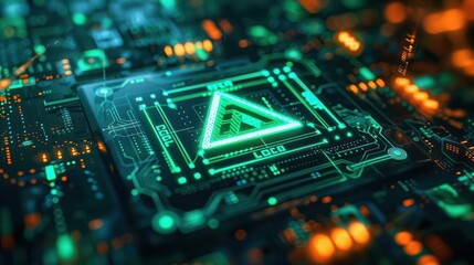 Obraz premium Close-up of an illuminated semiconductor chip with futuristic green and orange lights, representing advanced technology and hardware innovation.