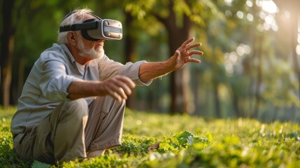 Elderly man wearing virtual reality headset, exploring augmented reality in a lush green park. Embracing modern technology in nature.
