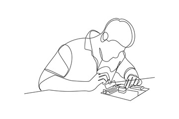Single one line drawing of a technician checks the electric current in a piece of equipment. Home repair, maintenance and plumbing services. Handyman concept. Continuous line draw design vector illust