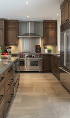 Obraz premium A large kitchen with stainless steel appliances and wooden cabinets. AI.