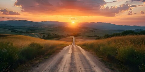 Sunset on a Tuscan country road in Val di Cecina, Italy. Concept Travel Photography, Italian Landscapes, Tuscan Sunsets, Countryside Roads, Val di Cecina
