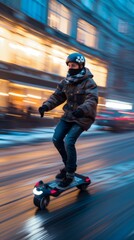 A man riding a skateboard down the street in front of buildings. AI.