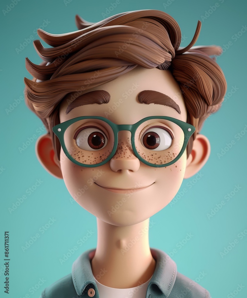 Sticker A cartoon boy with glasses and a smile on his face. AI.