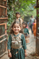 modern indian kids, coming out of school gate with happiness,generative ai