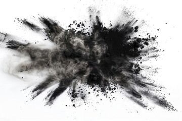 explosive charcoal powder burst against stark white background dynamic black plume