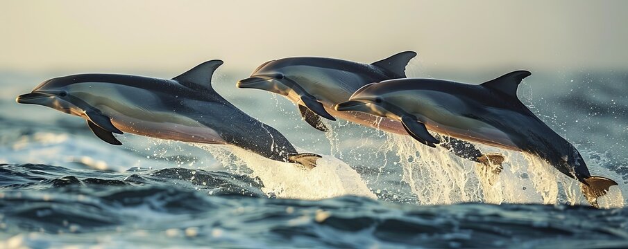 A pod of dolphins leaping out of the ocean, their bodies glistening in the air.