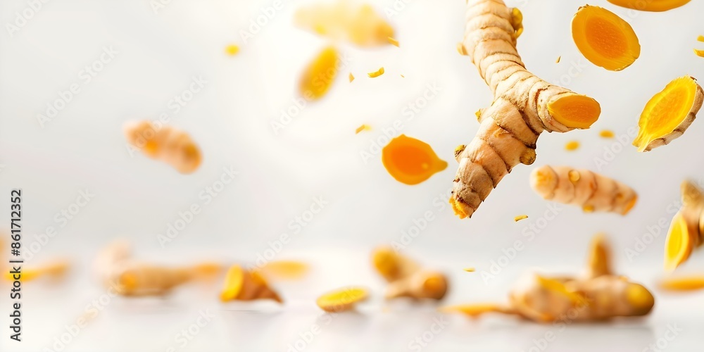 Wall mural turmeric root slices falling on white background in high resolution. concept food photography, spice - Wall murals