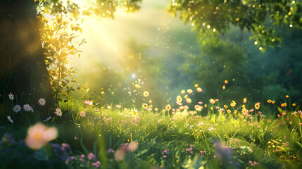 Obraz premium Sunny Morning Sunlight Through Trees in a Field of Wildflowers