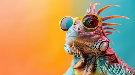 Image of stylish Iguana in trendy sunglasses and outfit looking at camera against two colored background, Copyspace