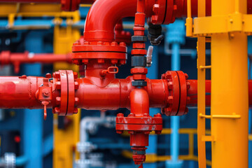 Detailed shot of oil rig pipes and valves, complex machinery, engineering excellence