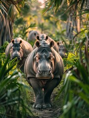 A group of three hippos walking down a path in the jungle. AI.