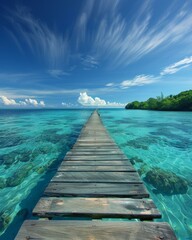 Obraz premium A wooden pier leading into the ocean with clear blue water. AI.