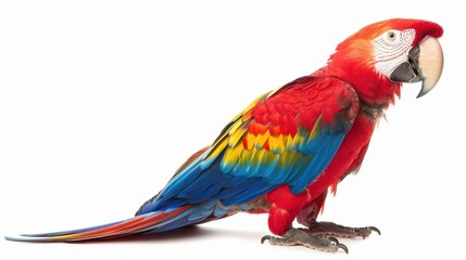 Fototapeta premium vibrant red macaw parrot on clean white background exotic bird portrait for decorative designs and projects